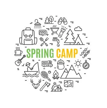 Spring Camp Sign Round Design Template Thin Line Icon Banner. Vector Stock Illustration