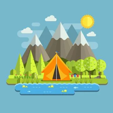 Spring Camping Landscape Stock Illustration