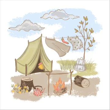 SPRING CAMPING Rest At Nature Hand Drawn Vector Illustration Stock Illustration