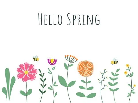 Spring card with bees, flowers, herbs and inscription Stock Illustration