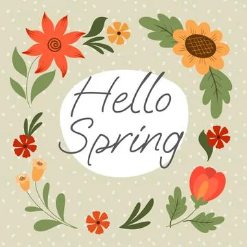 Spring card with cute flat flowers and lettering hello spring Stock Illustration