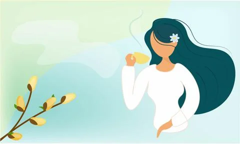 Spring card with a girl drinking coffee. Cute asian girl Stock Illustration