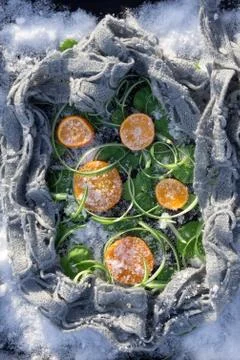 Spring card with green Leaf of   geranium and grass, orange and ebony in scar Stock Photos