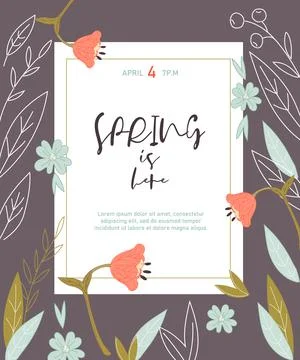 Spring card or banner design with flowers and floral elements, flat vector. Stock Illustration