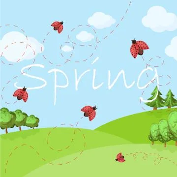 Spring cartoon landscape with trees and clouds and flowers Stock Illustration