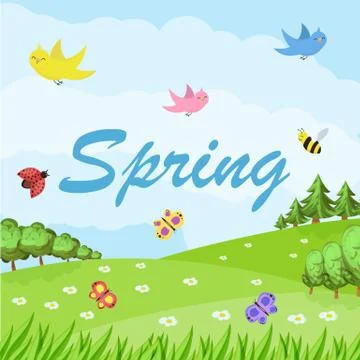 Spring cartoon landscape with trees and clouds and flowers Stock Illustration