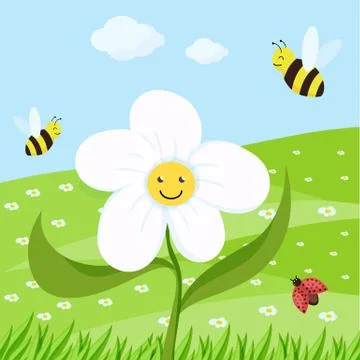 Spring cartoon landscape with trees and clouds and flowers Stock Illustration