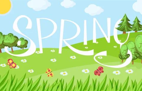 Spring cartoon landscape with trees and clouds and flowers Stock Illustration