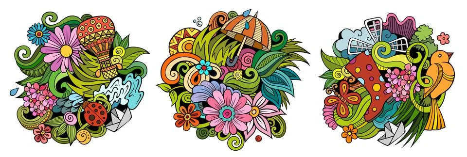Spring cartoon vector doodle designs set. Illustrazione stock