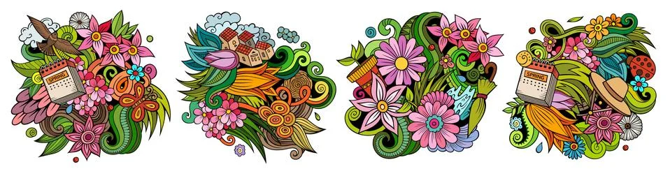 Spring cartoon vector doodle designs set. Stock Illustration