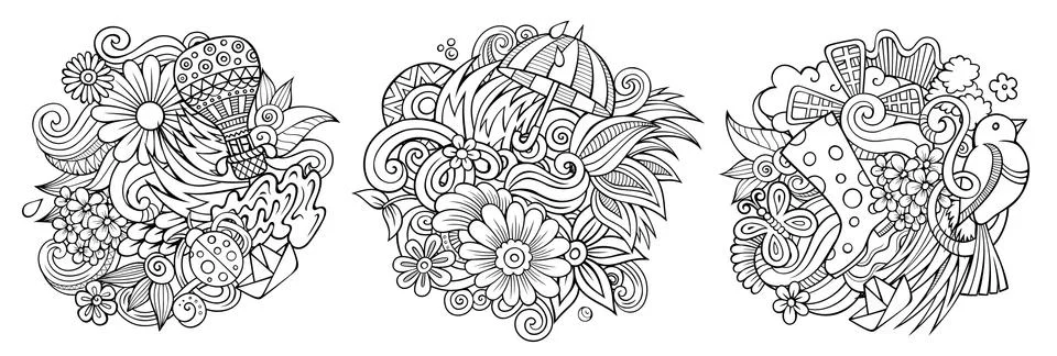 Spring cartoon vector doodle designs set. Stock Illustration