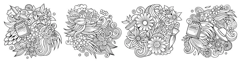 Spring cartoon vector doodle designs set. Stock Illustration