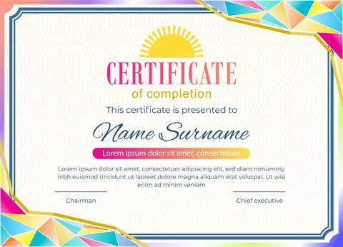 Spring certificate blank. Colorful triangles in corners of blank. Thin simple Stock Illustration
