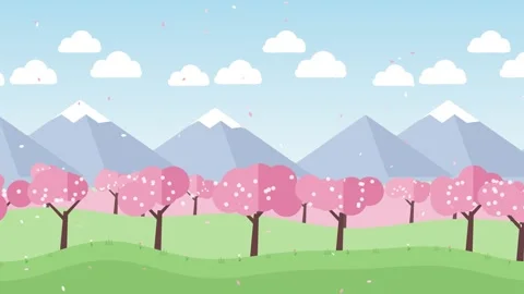 Spring cherry blossom trees with falling pink petals and mountains Stock Footage 348270763