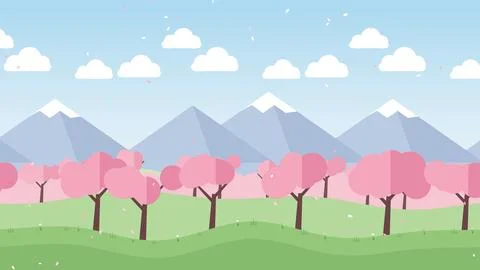 Spring cherry blossom trees with falling pink petals and mountains, flat ca.. Stock Illustration