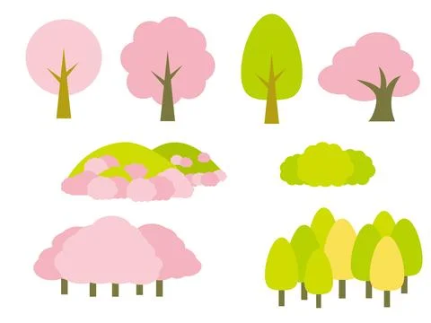 Spring cherry tree and mountain illustration material set. Stock Illustration