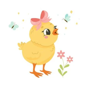 Spring Chick with Bow and Flowers, Cute Easter Illustration for Cards and P.. 스톡 일러스트