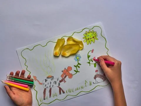 Spring children's drawing with felt-tip pens on white paper Stock Photos