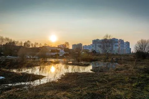Spring city landscape in the rays of the setting sun in the city of Ivanovo. Stock Photos