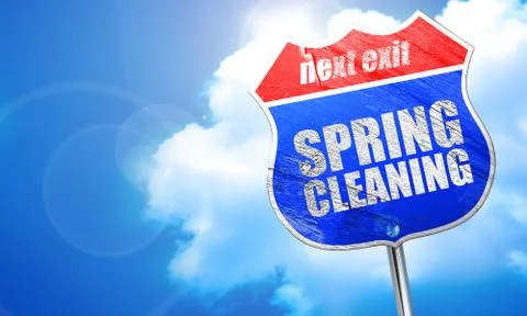 Spring cleaning, 3D rendering, blue street sign Illustrazione stock