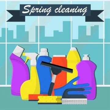 Spring cleaning concept. Bottles of detergent, washing powder, bottle of spra Stock Illustration
