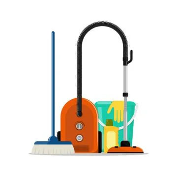 Spring cleaning concept. Bucket, brush, rubber gloves, hoover. Vector illustr Stock Illustration