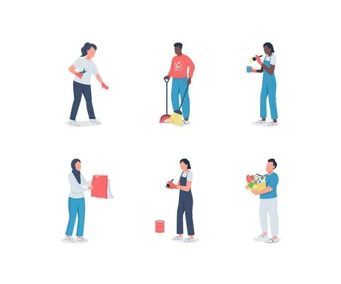 Spring cleaning diverse flat color vector faceless character set Illustrazione stock