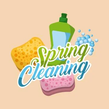 Spring cleaning green plastic bottle and sponge bubbles Stock Illustration
