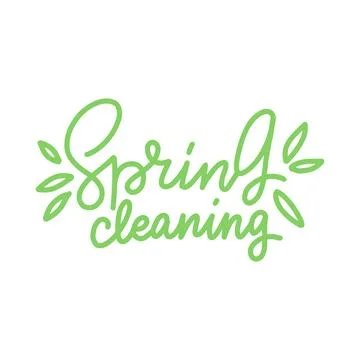 Spring cleaning. Hand drawn line trendy lettering with leaves. Vector typography Stock Illustration