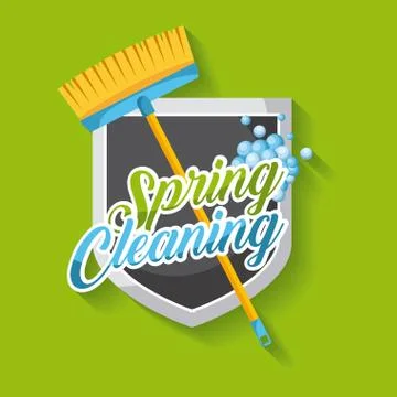 Spring cleaning poster with broom shield emblem clean bubbles Illustrazione stock