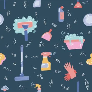 Spring cleaning. Seamless pattern with cleaning tools. Flat hand drawn vector 스톡 일러스트