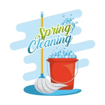 Spring cleaning set mop red plastic bucket with foam Stock Illustration