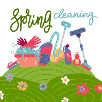 Spring cleaning square background with cleaning tools, equipment in flowering Stock Illustration