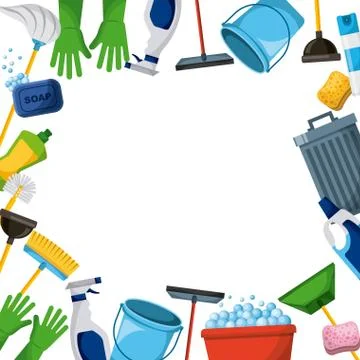 Spring cleaning supplies border tools of housecleaning background Stock Illustration