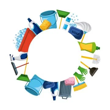 Spring cleaning supplies round frame tools of housecleaning background Stock Illustration