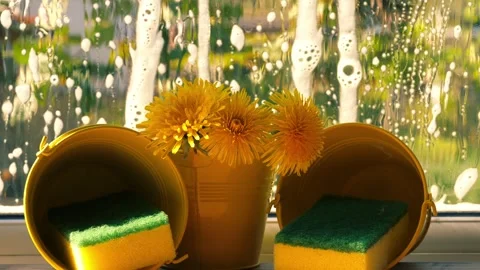 Spring cleaning washing windows with soapy suds Stock Footage 307831789