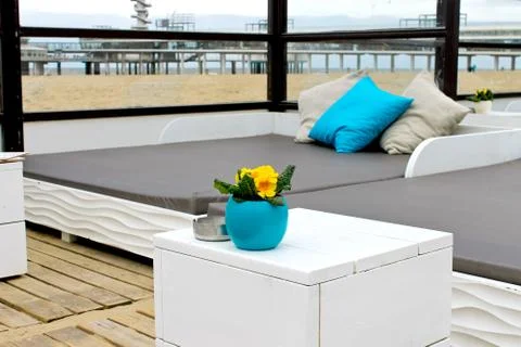 Spring on the coast. flowers on the table in the beach club in the hague. net Stock Photos