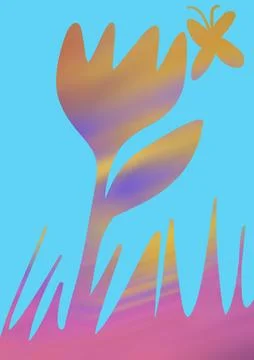 Spring collage A blooming flower in a clearing, a butterfly flying in blue sky Stock Illustration