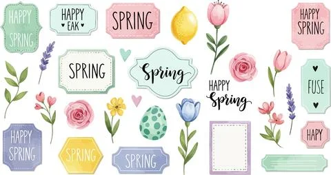 Spring Collection Flowers, Eggs, Lemon, Decorative Labels Text - Happy Spring Ilustração Stock