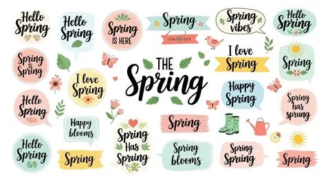 Spring Collection: Hand-drawn Lettering, Icons, and Phrases for Season Greeti Ilustração Stock