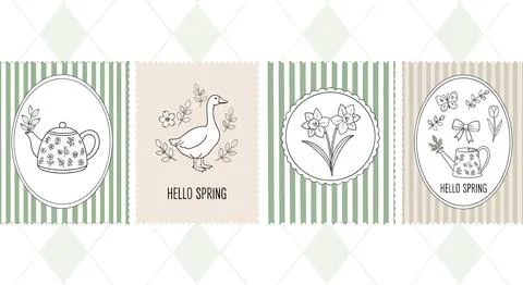 Spring Collection: Hand-Drawn Teapot, Goose, Flowers, and Watering Can with.. Stockillustratie