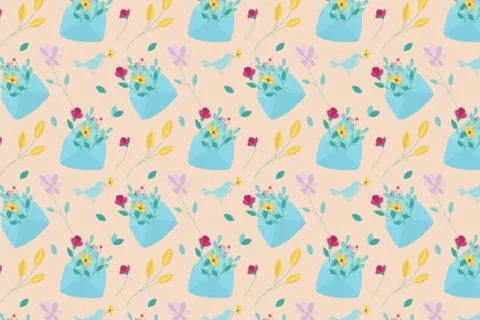 Spring colorful background. Envelope with flowers and bird. Stock Illustration