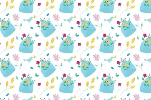 Spring colorful background. Envelope with flowers and bird. Stock Illustration
