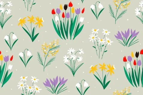 Spring colorful pattern on a green background with flowers. Trendy hand drawn Stock Illustration