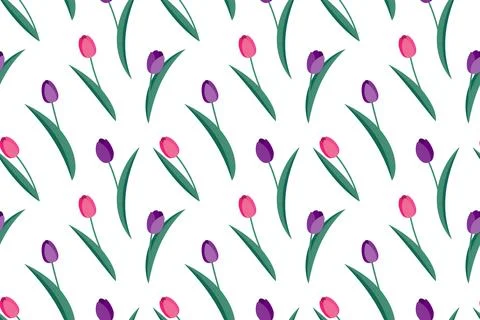 Spring colorful seamless pattern with pink and purple tulips. Flat style. D.. Stock Illustration