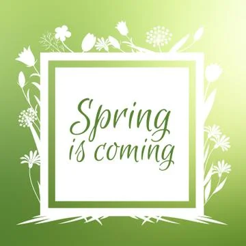 Spring is coming banner and vector design with flowers sihouettes Ilustração Stock