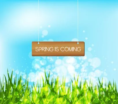 Spring is coming concept with wood sign Stock Illustration