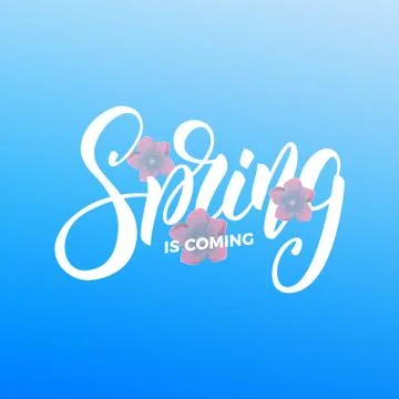 Spring is coming. Script lettering Spring and fresh flowers. Card for seasonal Stock Illustration
