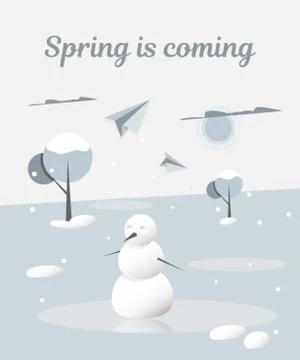 Spring is coming. Snowman melts. Vector illustration for a book, booklet or Stock Illustration