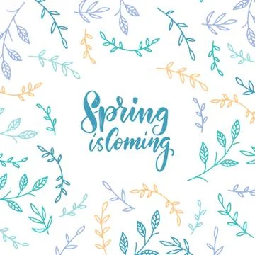 Spring is coming. Spring vector brush lettering with floral elements , branch Stock Illustration